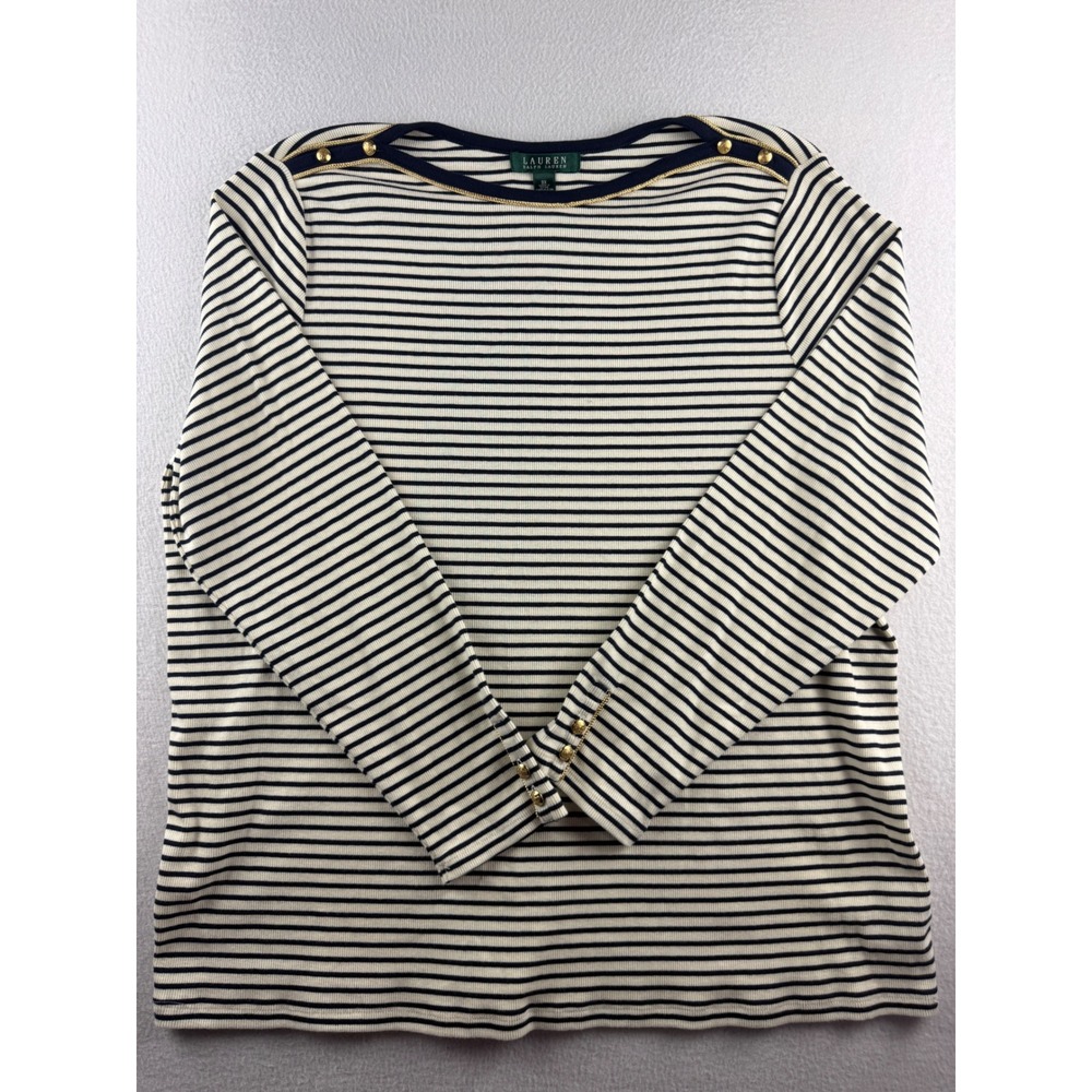 Lauren Ralph Lauren Navy Striped Boat Neck Top Gold Chain Detail 3X Womens